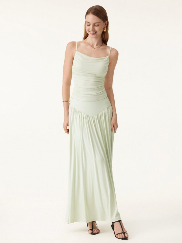 2Pcs Set Adjustable Spaghetti Straps Bra Top & V-shape Maxi Skirt with Pockets