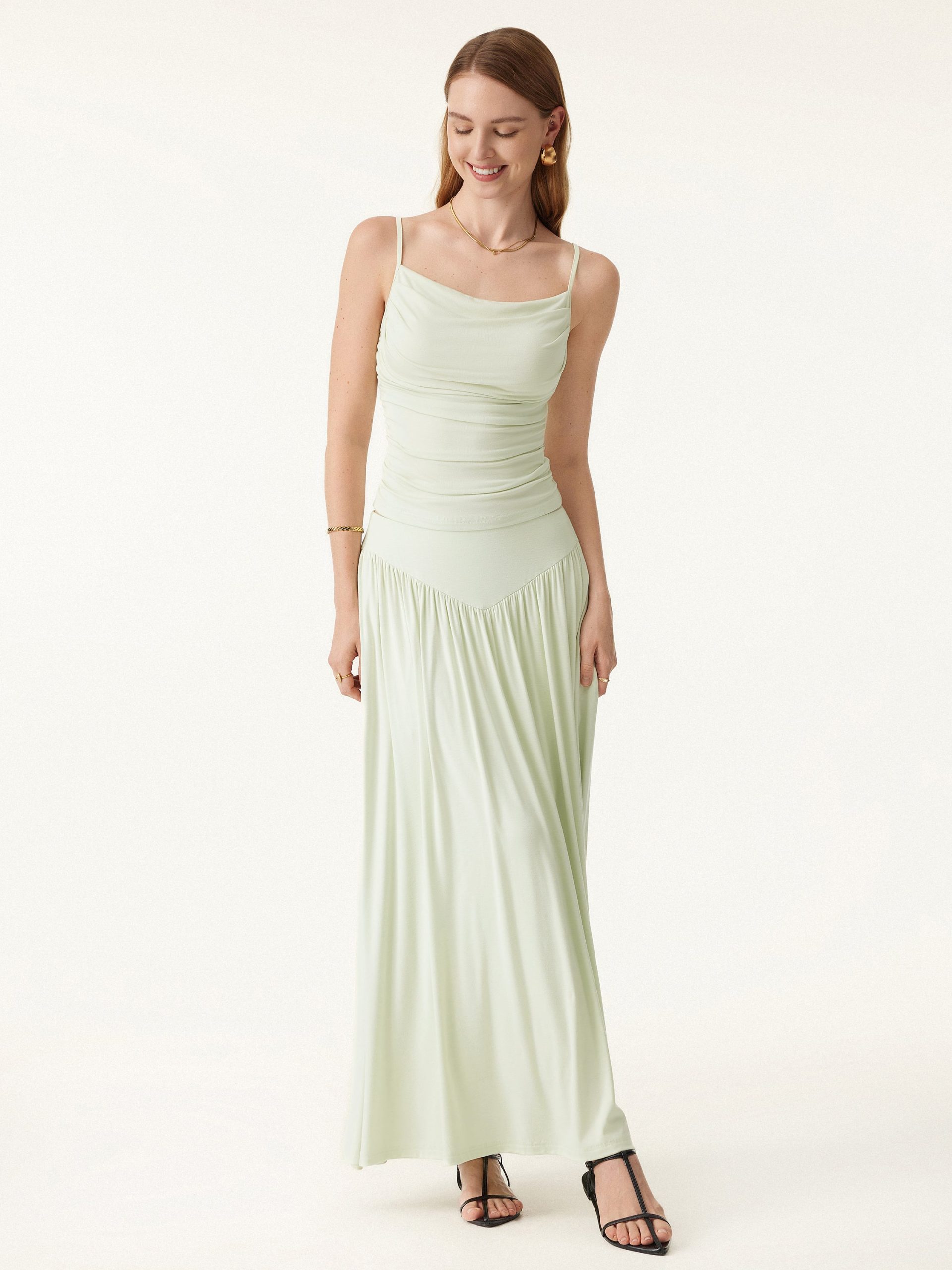 2Pcs Set Adjustable Spaghetti Straps Bra Top & V-shape Maxi Skirt with Pockets - Image 5