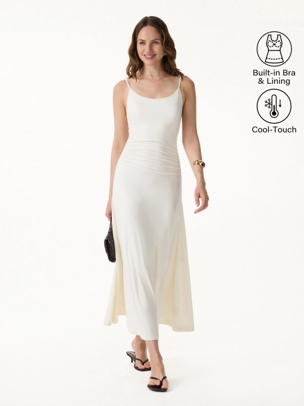 Cooling Lyocell Adjustable Spaghetti Strap Ruched Maxi Bra Dress