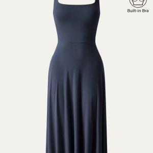 Square Neck Flowy New Airy Bra Midi Dress - Image 13