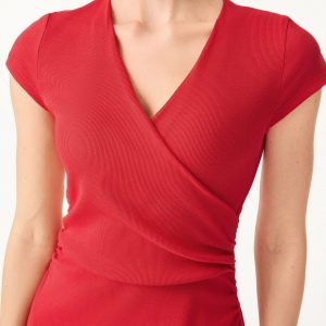 Stretch Cotton Surplice V-neck Cap Sleeve Midi Dress - Image 5