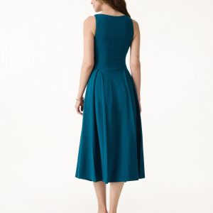 Boatneck Pleated Fit-and-Flare Midi Bra Dress with Pockets - Image 9