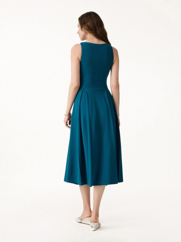 Boatneck Pleated Fit-and-Flare Midi Bra Dress with Pockets