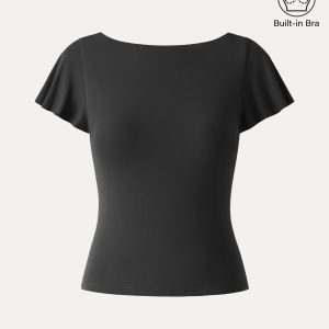 SkinKiss Boatneck Cowl Back Flutter Sleeve Bra Top - Image 2