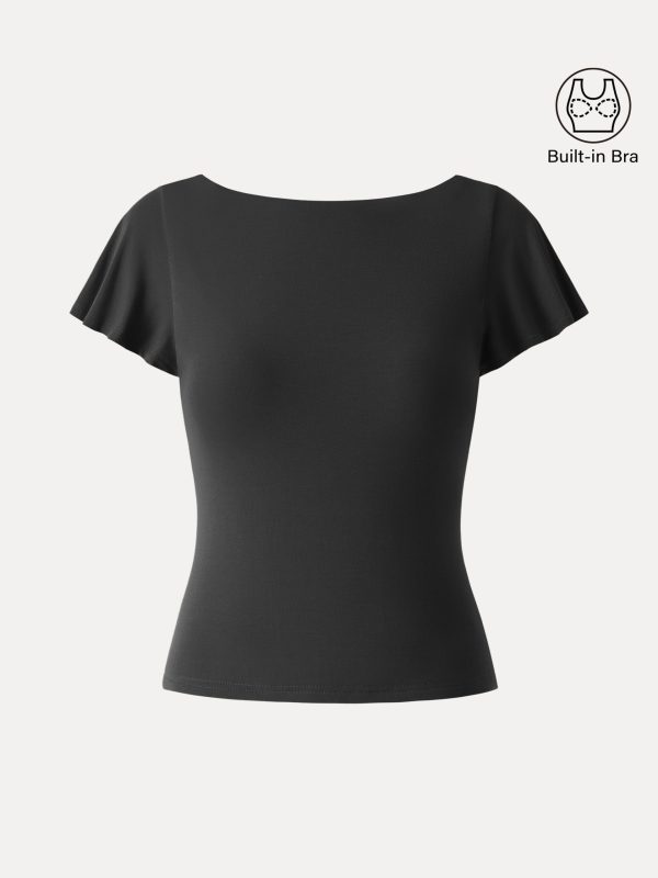 SkinKiss Boatneck Cowl Back Flutter Sleeve Bra Top