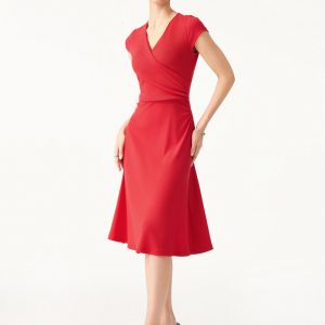 Stretch Cotton Surplice V-neck Cap Sleeve Midi Dress - Image 1
