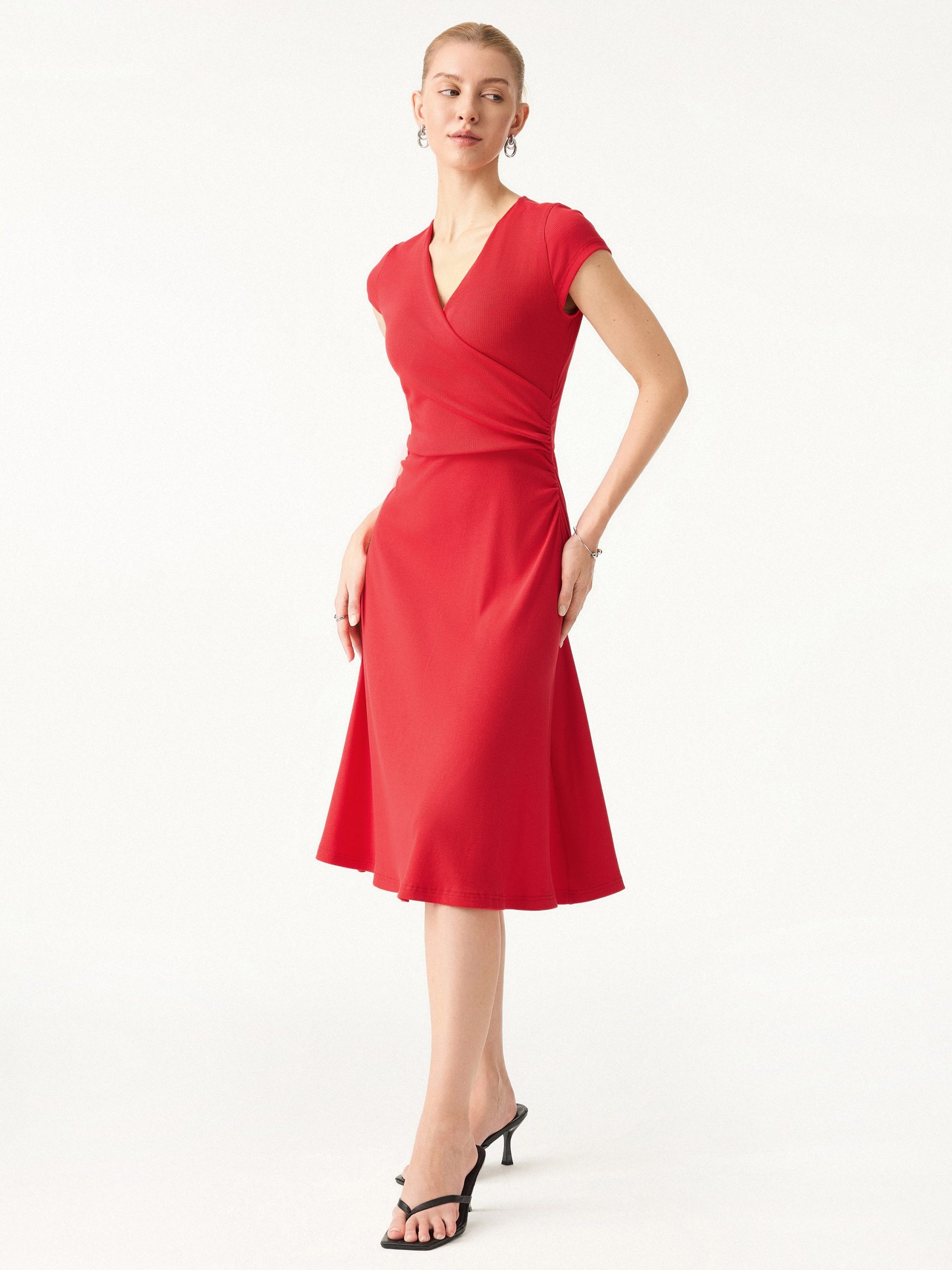 Stretch Cotton Surplice V-neck Cap Sleeve Midi Dress - Image 1