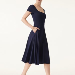 Flowy Square Neck Short Sleeve Midi Bra Dress - Image 8