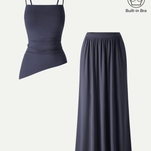 2Pcs Set Spaghetti Bra Top with Side Slit & A-Line Maxi Skirt with Pockets - Image 14