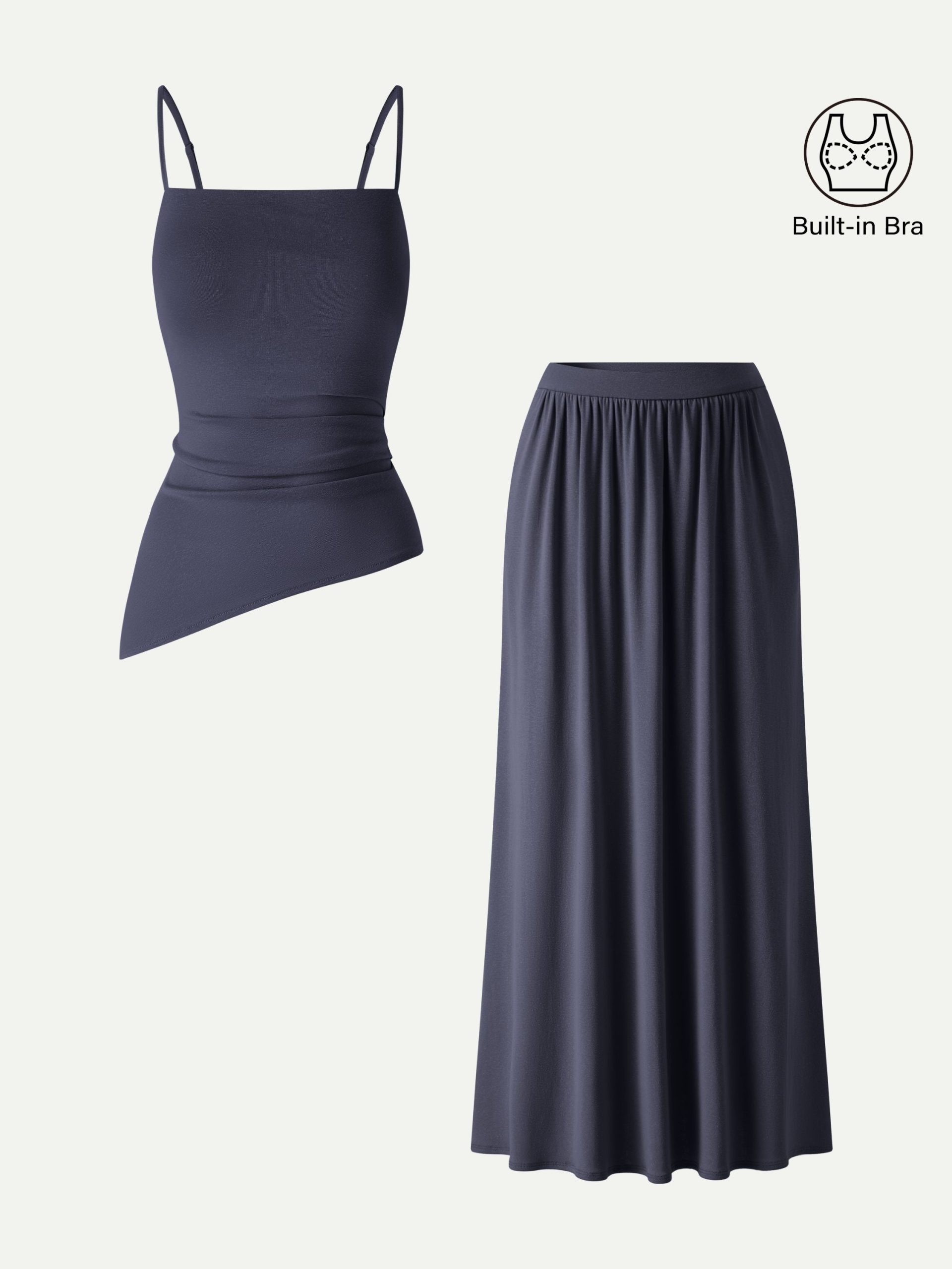 2Pcs Set Spaghetti Bra Top with Side Slit & A-Line Maxi Skirt with Pockets - Image 14