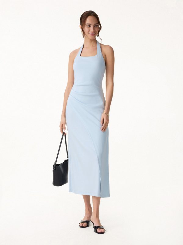 Cotton Lyocell Halter Square Neck Tucked Maxi Dress