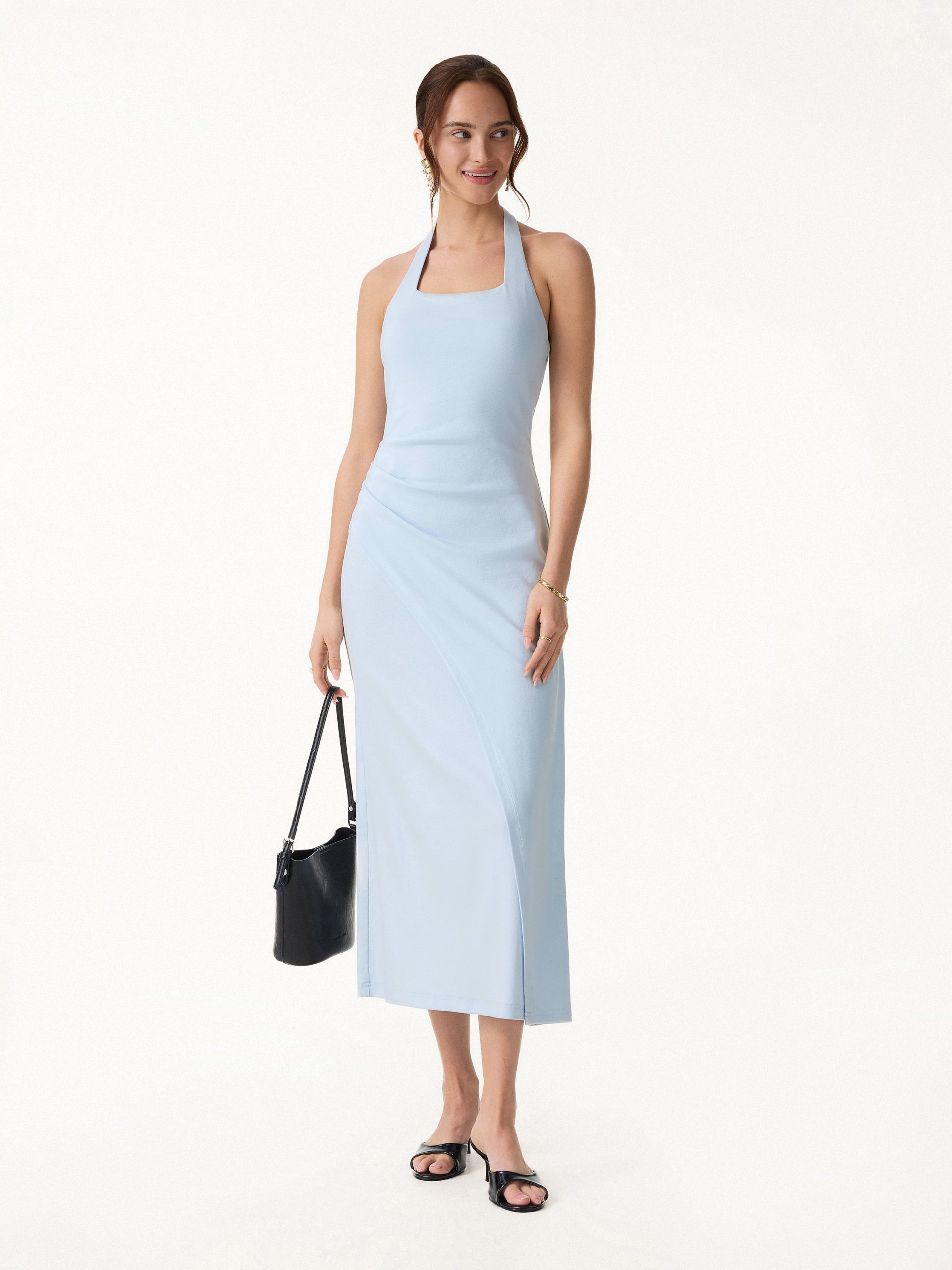 Cotton Lyocell Halter Square Neck Tucked Maxi Dress - Image 5