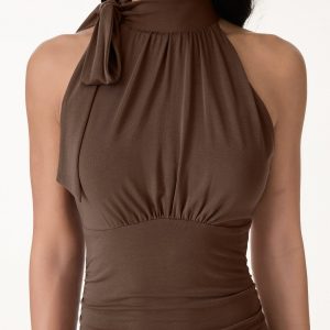 Milky Matte Mockneck Bow Tie Ruched Mini Bra Dress - Image 9