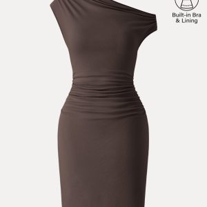 Soft Cotton Lyocell Ruched Asymmetrical Shoulder Mini Bra Dress - Image 2