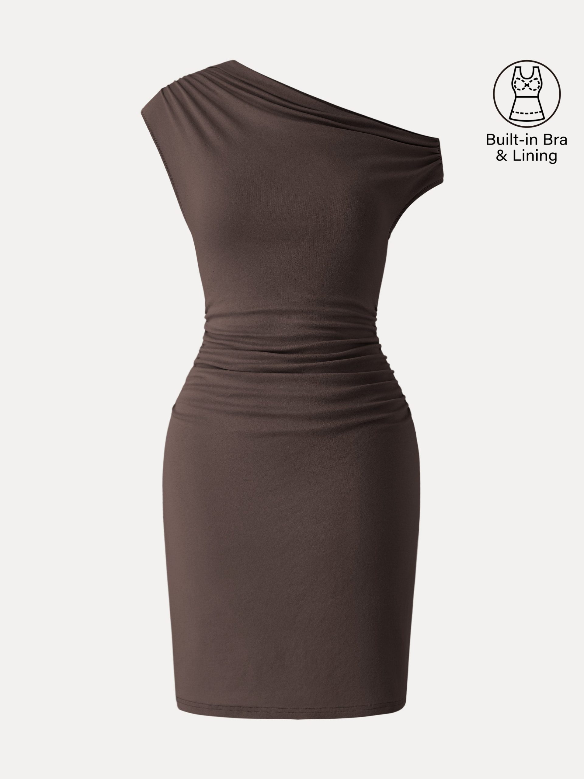 Soft Cotton Lyocell Ruched Asymmetrical Shoulder Mini Bra Dress - Image 2
