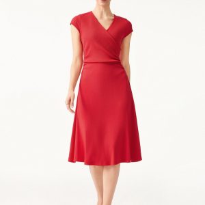 Stretch Cotton Surplice V-neck Cap Sleeve Midi Dress - Image 4