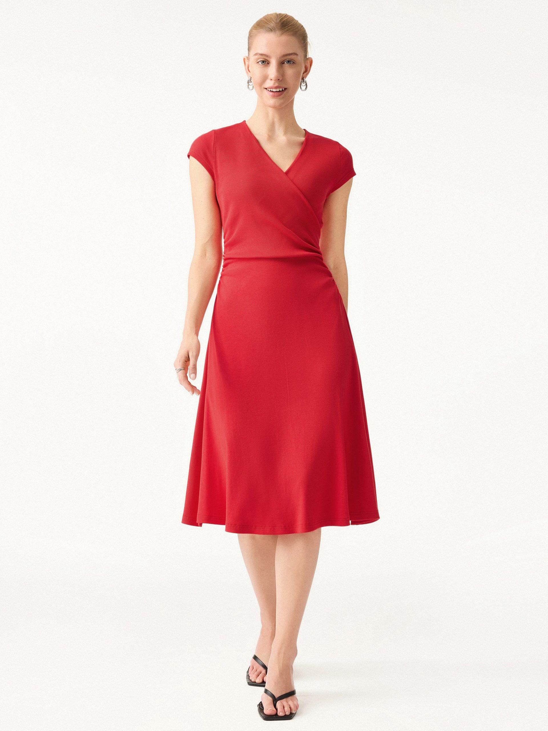 Stretch Cotton Surplice V-neck Cap Sleeve Midi Dress - Image 4