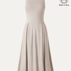 Boatneck Pleated Fit-and-Flare Midi Bra Dress with Pockets - Image 13