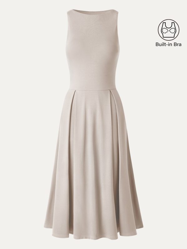 Boatneck Pleated Fit-and-Flare Midi Bra Dress with Pockets