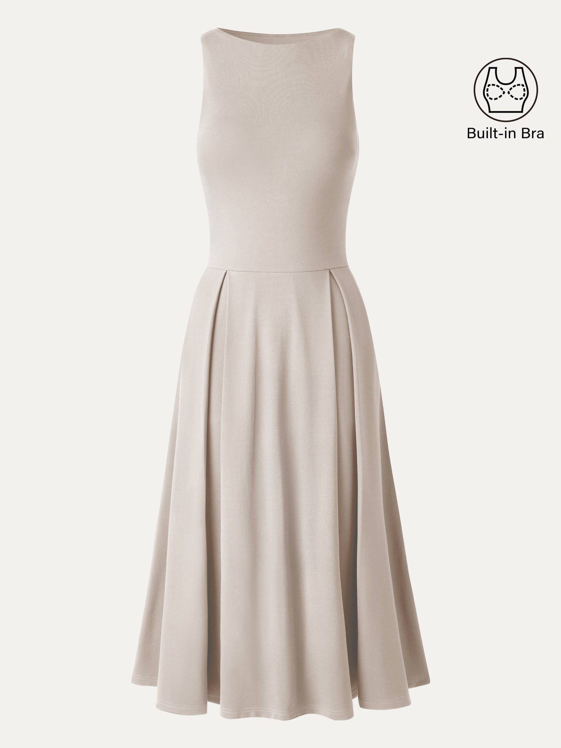 Boatneck Pleated Fit-and-Flare Midi Bra Dress with Pockets - Image 13