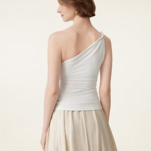 2Pcs Set One Shoulder Twisted Bra Tank & Side Ruched A-line Midi Skirt - Image 11