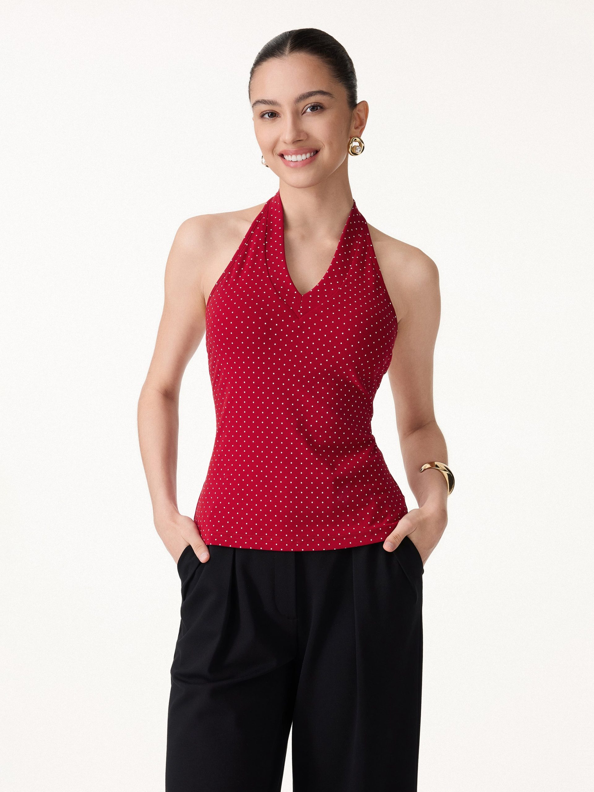 Stretch Cotton Polka Dot Halter Neck Open Back Bra Top - Image 3