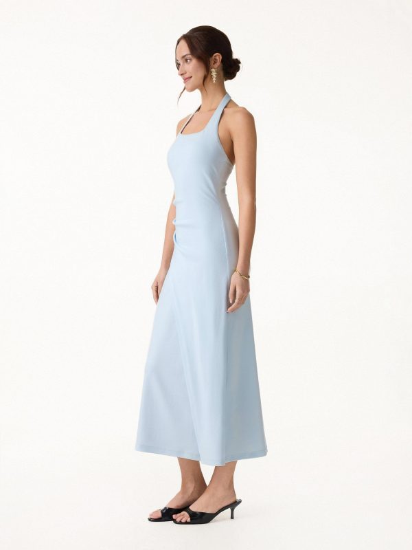 Cotton Lyocell Halter Square Neck Tucked Maxi Dress