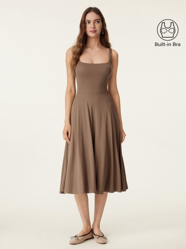 Square Neck Flowy New Airy Bra Midi Dress