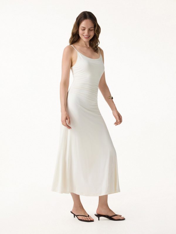 Cooling Lyocell Adjustable Spaghetti Strap Ruched Maxi Bra Dress