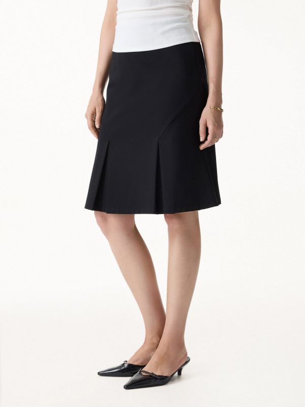 4-Way Stretch Knee Length Pleated Flare Skirt