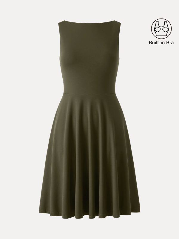 Stretchy Boatneck Fit-and-Flare Mini Bra Dress with Pockets