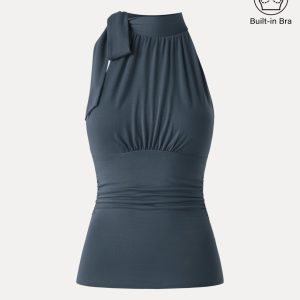 Side Ruched High Tie Neck New Airy Bra Tank - Image 17