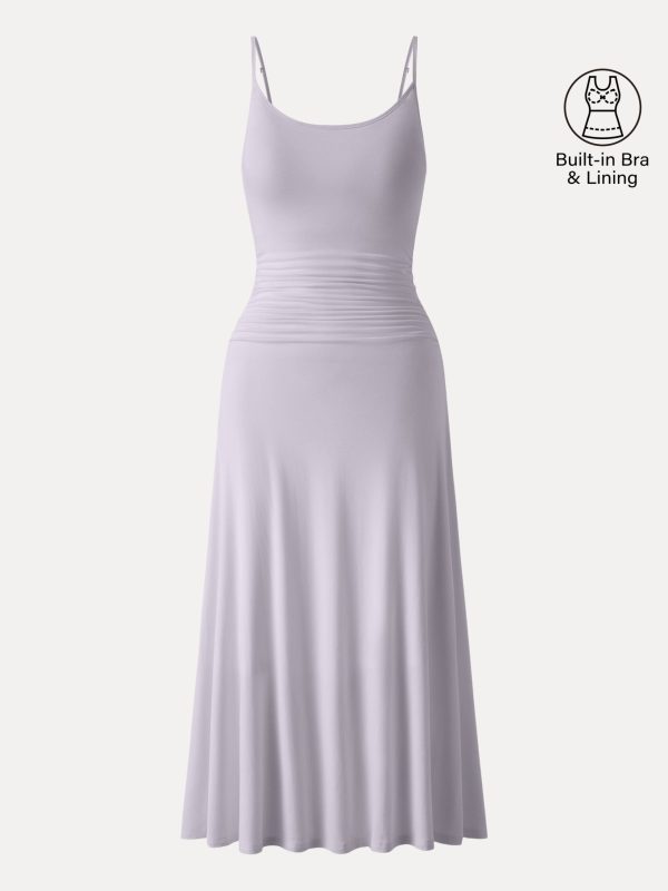 Cooling Lyocell Adjustable Spaghetti Strap Ruched Maxi Bra Dress