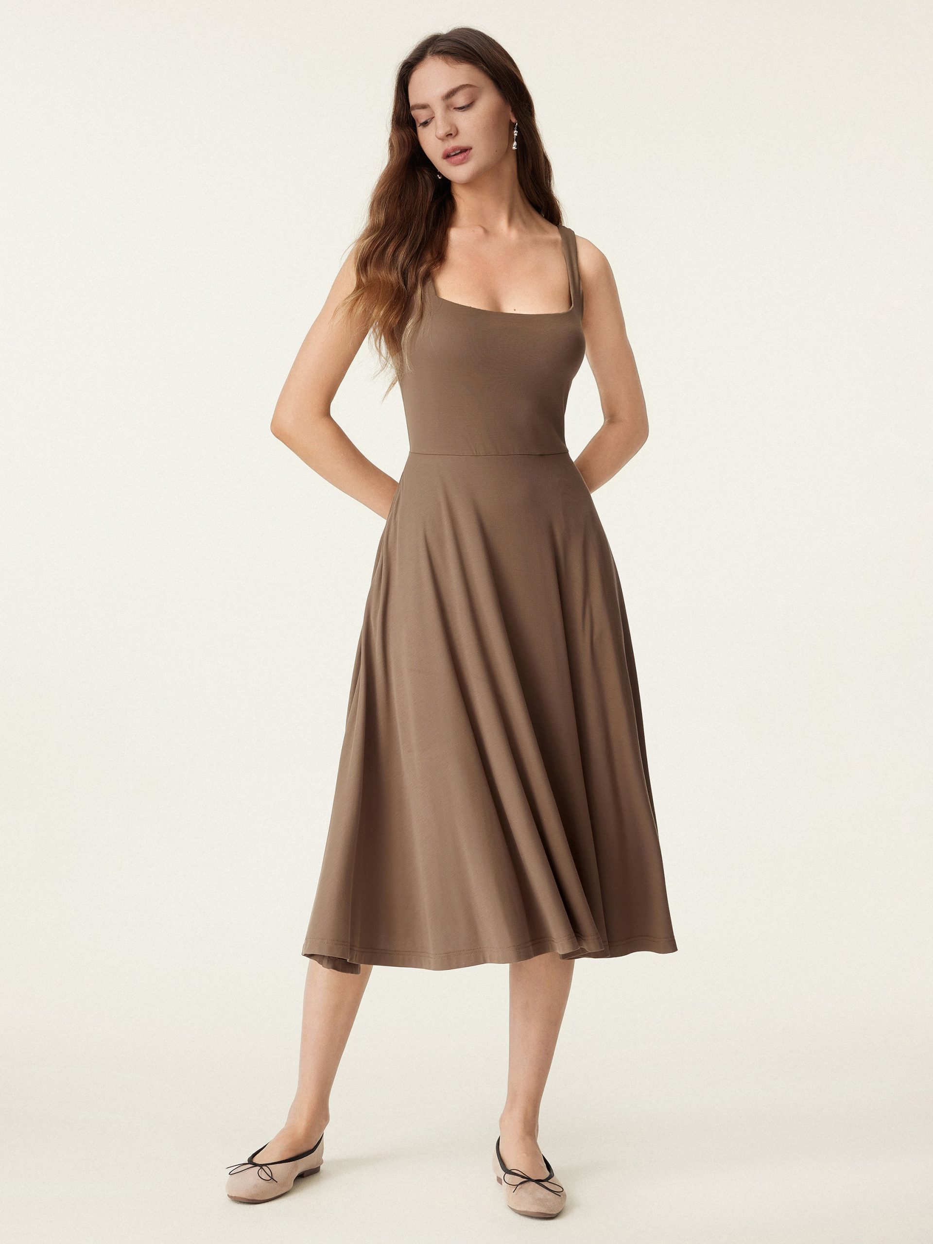 Square Neck Flowy New Airy Bra Midi Dress - Image 18