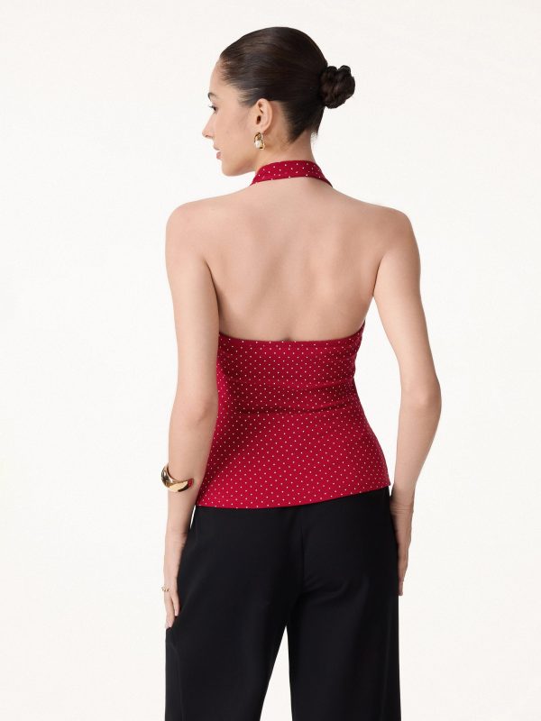 Stretch Cotton Polka Dot Halter Neck Open Back Bra Top