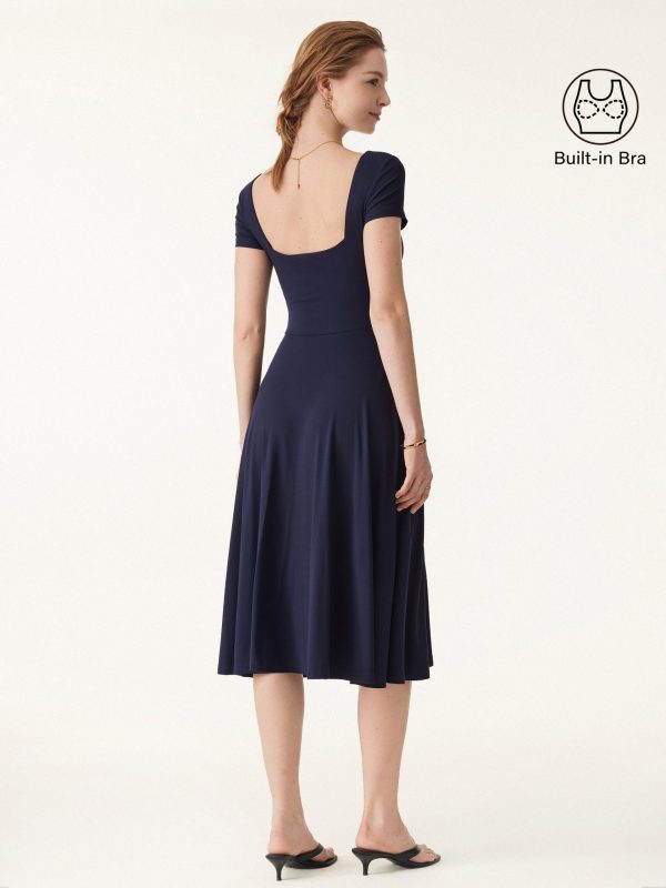 Flowy Square Neck Short Sleeve Midi Bra Dress