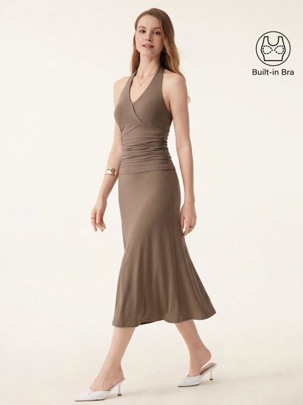 2Pcs Set Halter Neck Bra Tank & Pull-on Mermaid Midi Skirt