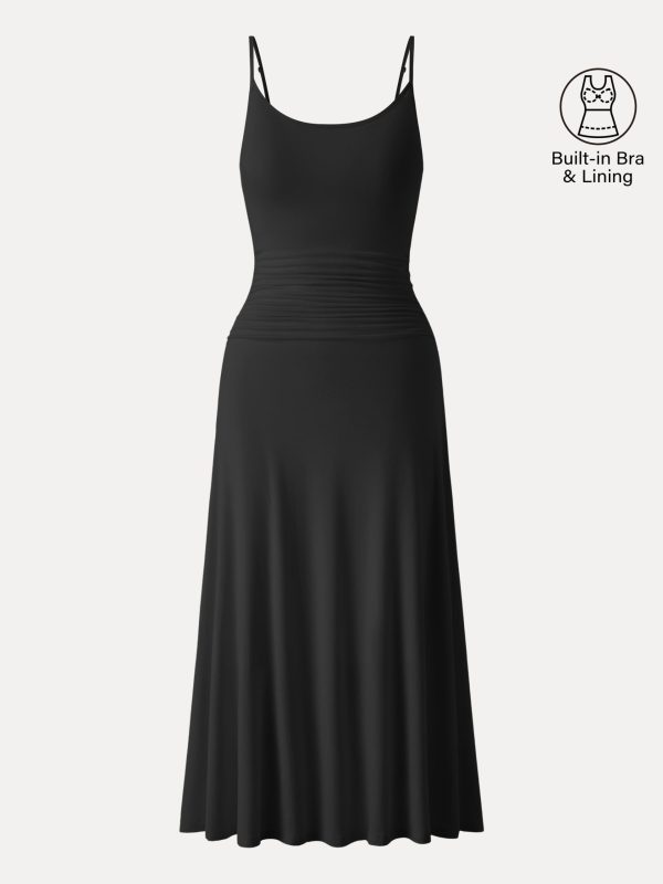 Cooling Lyocell Adjustable Spaghetti Strap Ruched Maxi Bra Dress