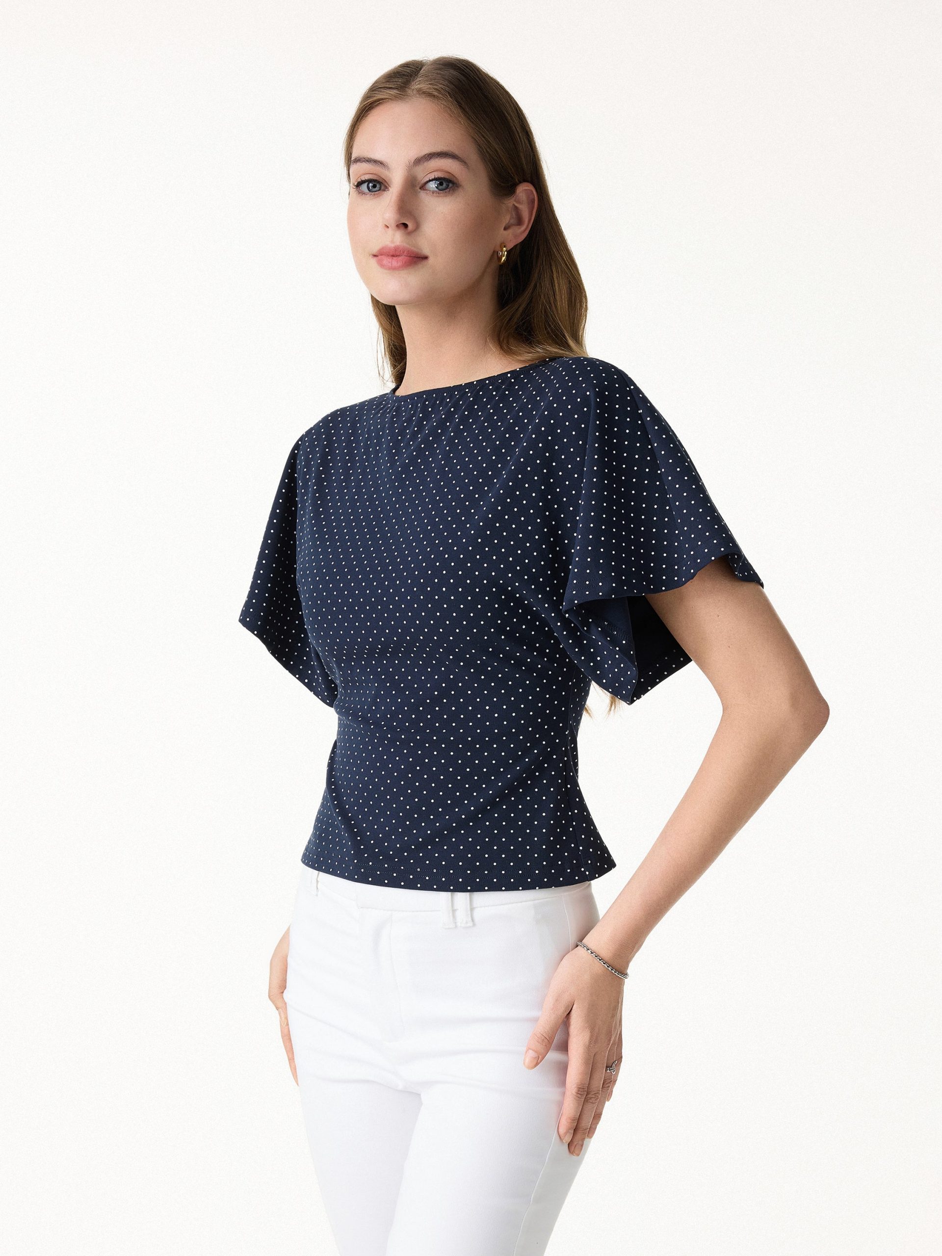 Soft Stretch Cotton Boatneck Flutter Sleeves Polka Dot Top Limited Edition - Image 1