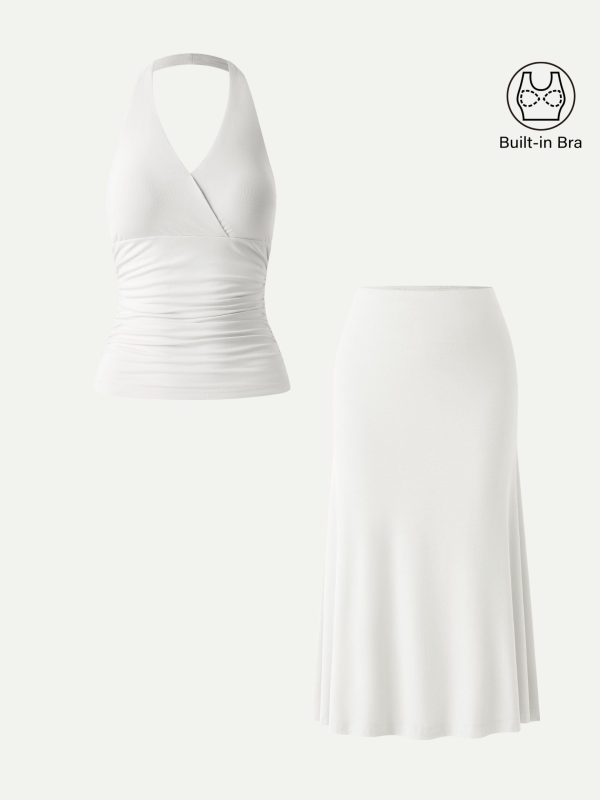 2Pcs Set Halter Neck Bra Tank & Pull-on Mermaid Midi Skirt