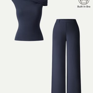 2Pcs Set Multi-wear Bra Top &  Slimming High Rise Wide Leg Pants - Image 2