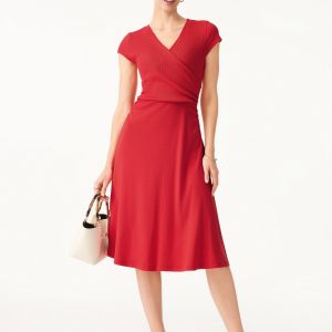 Stretch Cotton Surplice V-neck Cap Sleeve Midi Dress - Image 3