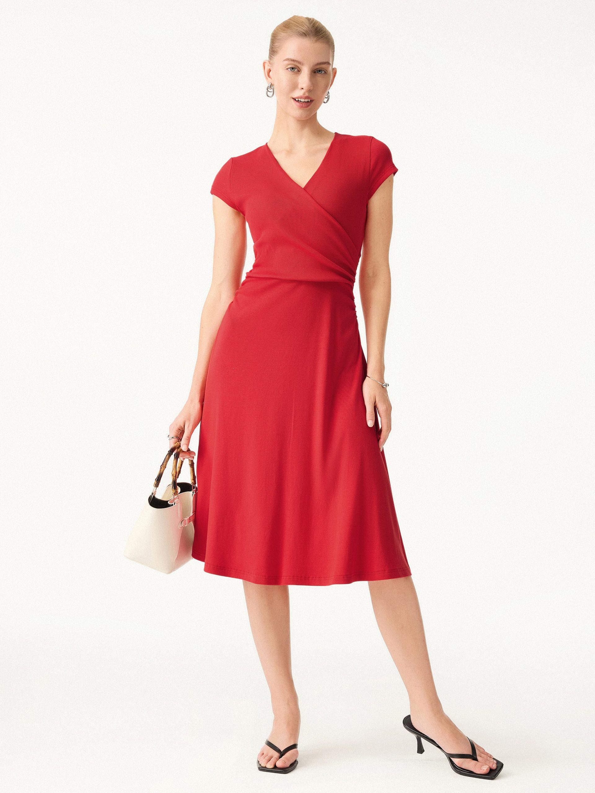 Stretch Cotton Surplice V-neck Cap Sleeve Midi Dress - Image 3