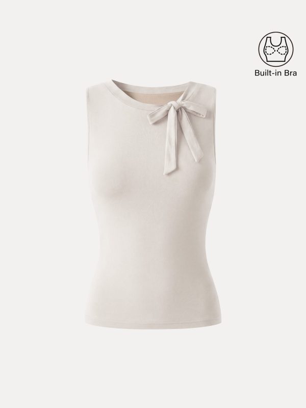 Milky Smooth Round Neck Sleeveless Top with Bow