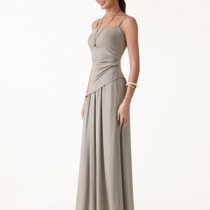 2Pcs Set Spaghetti Bra Top with Side Slit & A-Line Maxi Skirt with Pockets - Image 3