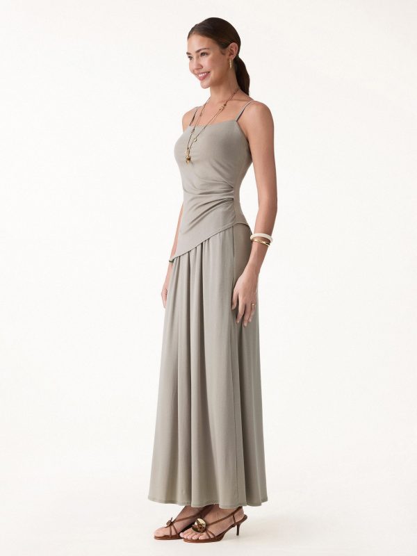 2Pcs Set Spaghetti Bra Top with Side Slit & A-Line Maxi Skirt with Pockets