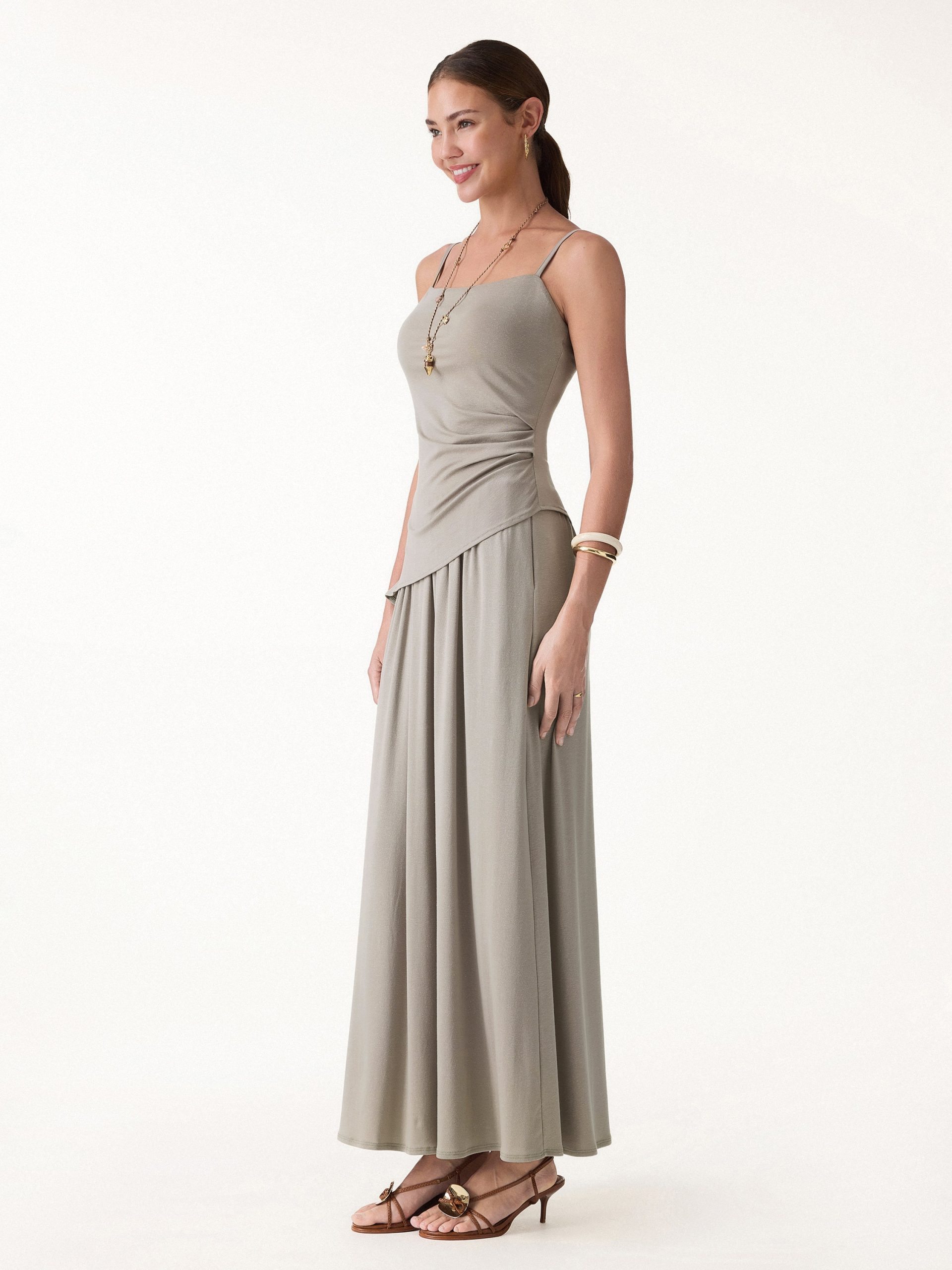 2Pcs Set Spaghetti Bra Top with Side Slit & A-Line Maxi Skirt with Pockets - Image 3