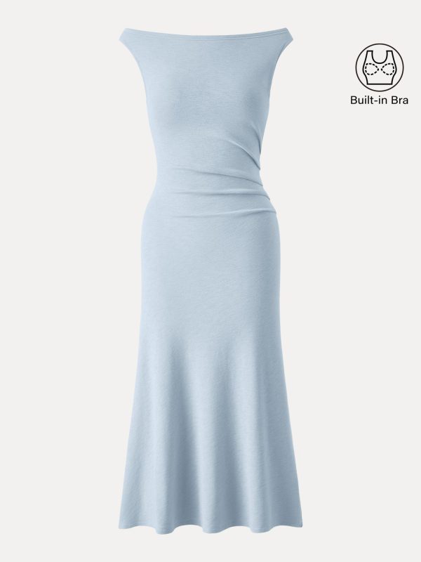 Elegant Boatneck Tucked Fit-and-Flare Midi Bra Dress