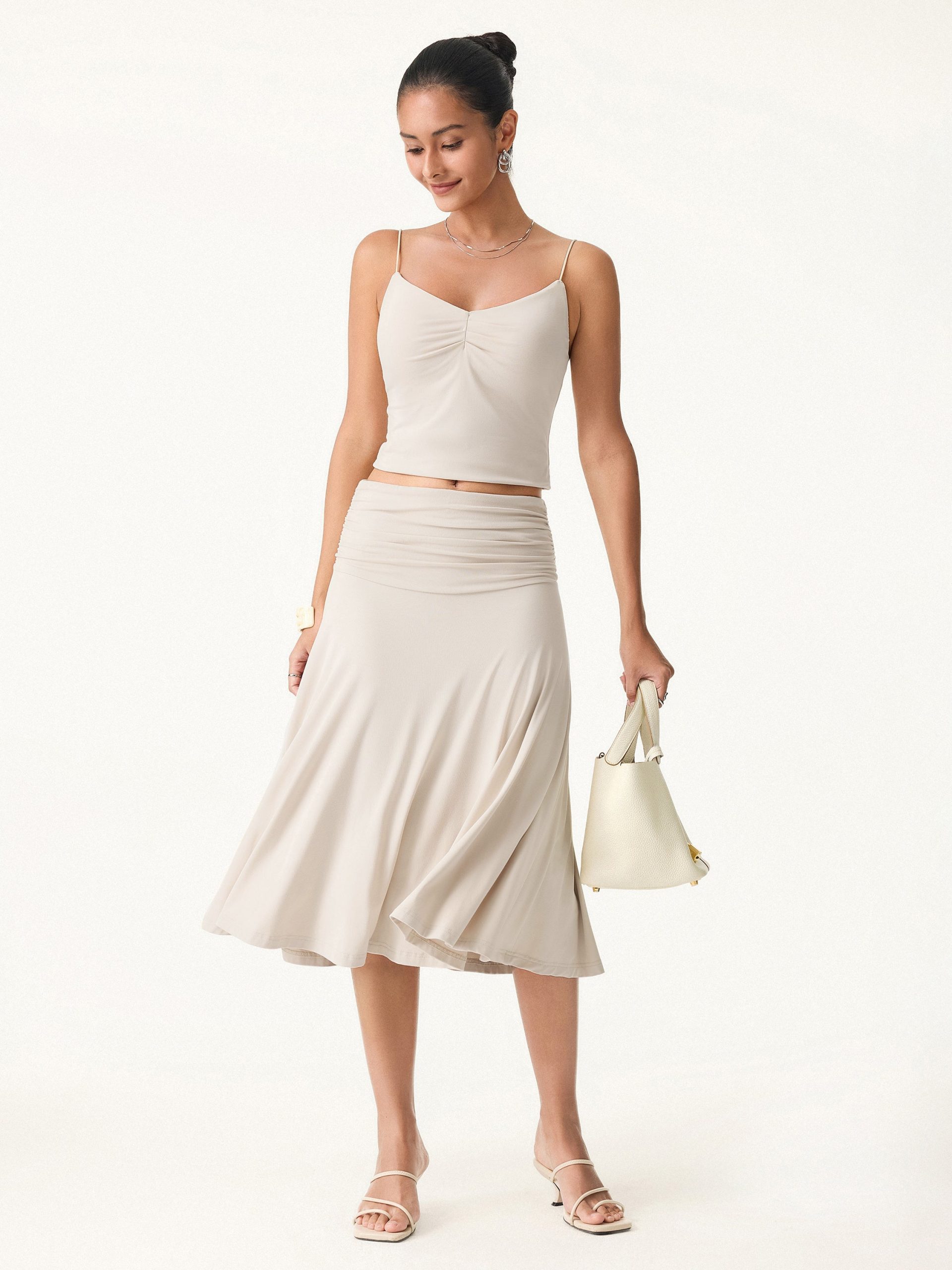 Flowy Side Ruched A-line Midi Skirt - Image 1