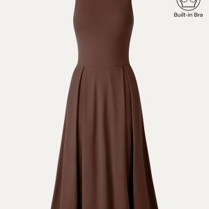 Boatneck Pleated Fit-and-Flare Midi Bra Dress with Pockets - Image 15